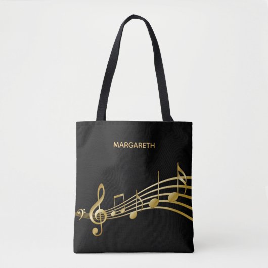 Tote Bag Faux notes de musique or sur fond noir chic (Devant)