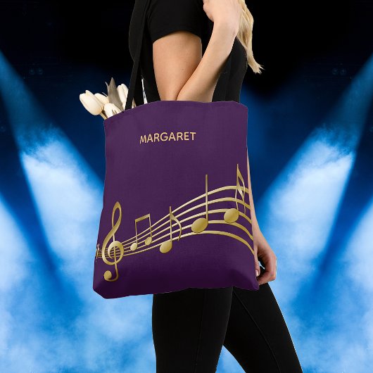 Tote Bag Faux notes de musique or sur fond violet chic