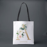 Tote Bag Faux papier d'or joli monogramme floral lettre A<br><div class="desc">Sac fourre-tout floral féminin et élégant avec des illustrations aquarelles de fleurs,  de verdure et monogramme en papier métallisé. Personnalisez en ajoutant un nom ou une courte phrase. Ce sac fourre-tout floral monogramme sera parfait comme cadeau personnalisé.</div>