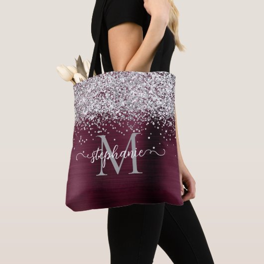 Tote Bag Faux-Parties scintillant en argent Glam Burgundy P (De près)