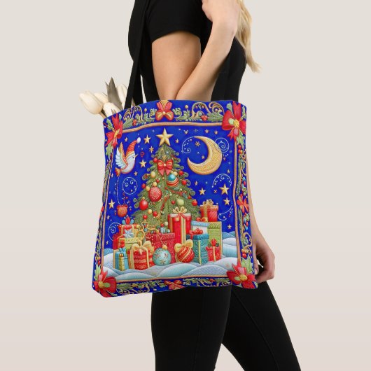 Tote Bag Faux Revêtement Brodé Arbre de Noël Décoré (De près)