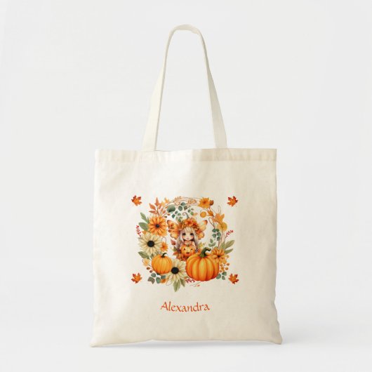 Tote Bag Fée Citrouille mignonne dans la couronne d'automne (Devant)