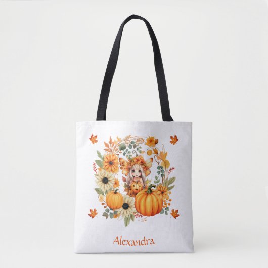 Tote Bag Fée Citrouille mignonne dans la couronne d'automne (Devant)