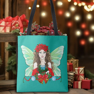 Tote Bag Fée de Noël Fantastique Houx Cloches Poinsettias