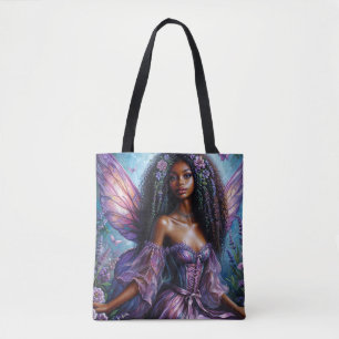 Tote Bag Fée Florale Noire Avec Ailes Violettes Art