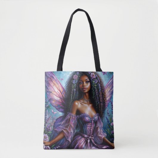 Tote Bag Fée Florale Noire Avec Ailes Violettes Art (Devant)