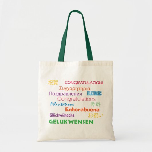 Tote Bag Félicitations dans plusieurs langues colorées (Devant)