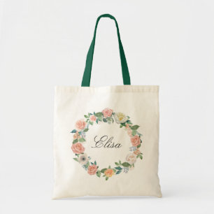 Tote Bag Feminine Garden Roses Floral Wreath Bridesmaid