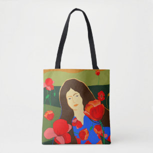 Tote Bag Femme aux cheveux longs marchant dans le champ de
