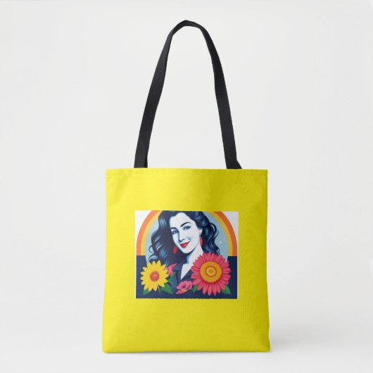 Tote Bag femme heureuse souriante face aux fleurs (Devant)