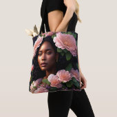 Tote Bag Femme noire Art numérique floral rose (De près)