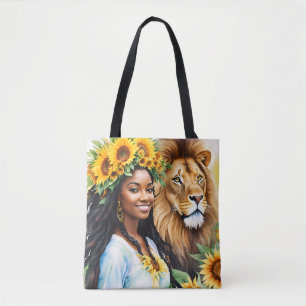 Tote Bag Femme noire avec des tournesols et Lion Leo