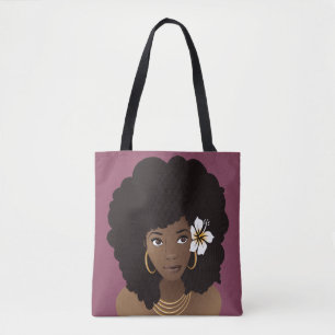 Tote Bag Femme noire avec une fleur dans les cheveux, viole