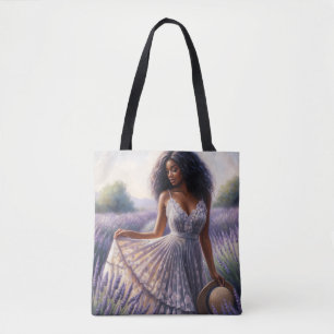 Tote Bag Femme noire dans un champ de fleurs de lavande