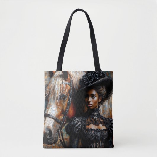 Tote Bag Femme noire victorienne avec cheval (Devant)