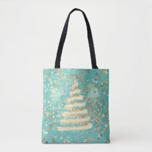 Tote Bag Festif Aqua Gold Sparkly Christmas Tree