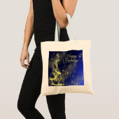 Tote Bag Fête de Noël Arbre d'or Étoiles Marine Fêtes Bleue (Devant (produit))