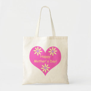 Tote Bag Fête des mères Coeur rose et Fleurs jaunes