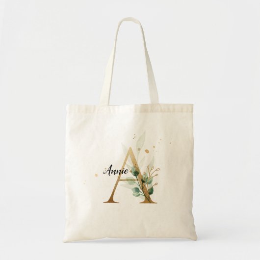 Tote Bag Feuillage d'or vert Élégant feuillage Monogramme " (Devant)