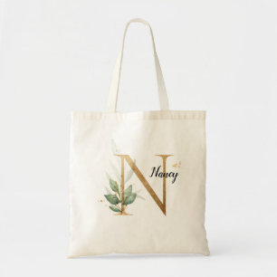Tote Bag Feuillage d'or vert Élégant feuillage Monogramme