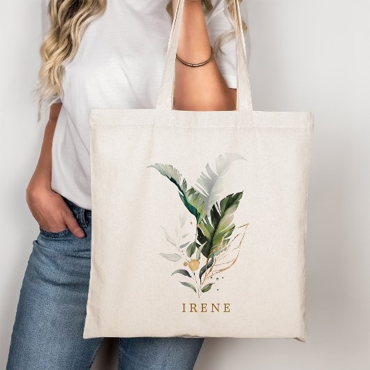 Tote Bag Feuillage tropical aquarelle or calligraphié