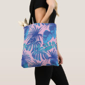 Tote Bag Feuille de palme tropicale rose bleu (De près)