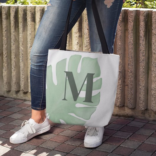 Tote Bag Feuille de palme tropicale verte Monogramme person