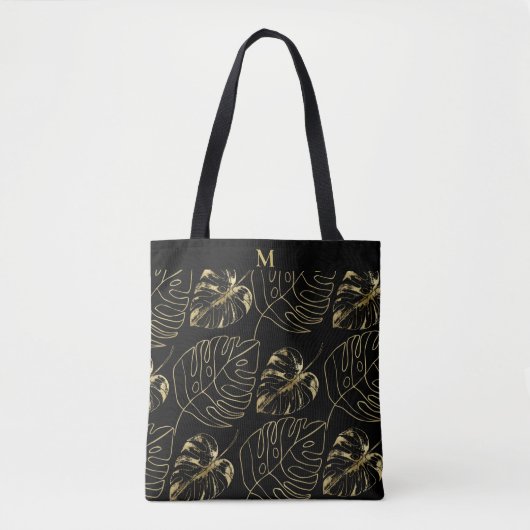 Tote Bag Feuille de palmier dorée motif tropical | Monogram (Devant)