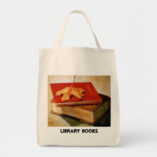TOTE BAG FEUILLE D'ÉRABLE, VIEUX LIVRES, BIBLIOTHÈQUE
