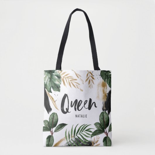 Tote Bag Feuille tropicale et typographie de reine (Devant)