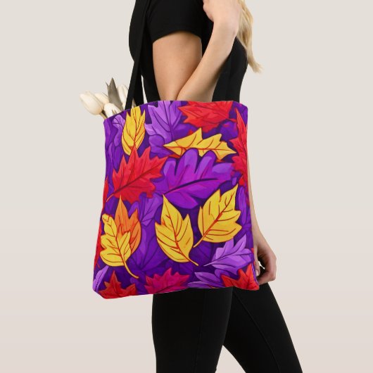 Tote Bag Feuilles de dessins animés : violet, jaune, rouge (De près)
