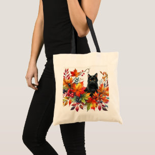Tote Bag Feuilles de la saison automnale et chat noir
