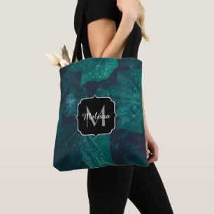 Tote Bag Feuilles de lierre vert émeraude foncé monogramme