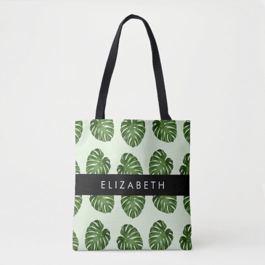 Tote Bag Feuilles de palme, Motif tropical, Votre nom (Devant)