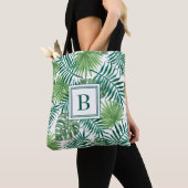 Tote Bag Feuilles de palmier botaniques vertes à monogramme (De près)