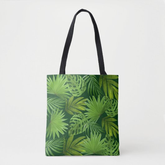Tote Bag Feuilles de palmiers verts tropicaux sur vert fore (Devant)