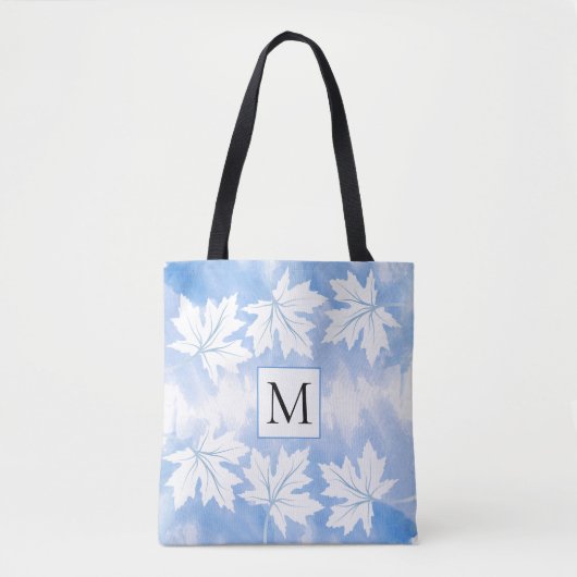 Tote Bag Feuilles d'érable et monogramme bleu à l'aquarelle (Devant)