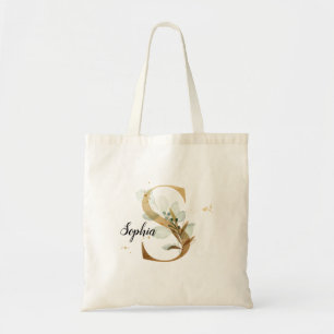 Tote Bag Feuilles d'or Vert Élégant Feuillage Monogramme