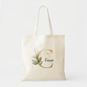 Tote Bag Feuilles d'or Vert Élégant Feuillage Monogramme "C (Devant)
