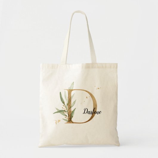 Tote Bag Feuilles d'or vert Élégant feuillage Monogramme "D (Devant)