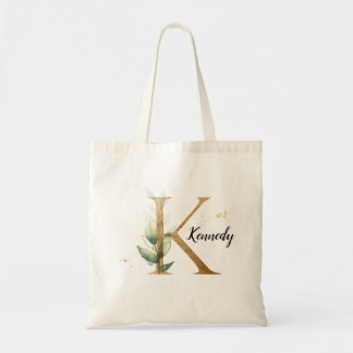 Tote Bag Feuilles d'or vert Élégant feuillage Monogramme "K