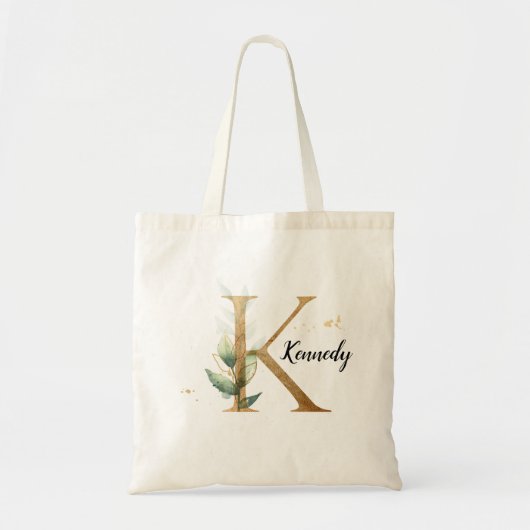 Tote Bag Feuilles d'or vert Élégant feuillage Monogramme "K (Devant)