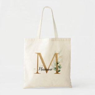 Tote Bag Feuilles d'or Vert Élégant Foliage Monogramme "M