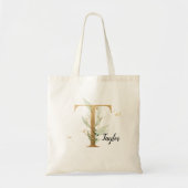 Tote Bag Feuilles d'or Vert Élégant Foliage Monogramme "T" (Devant)