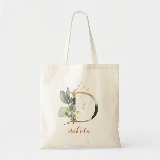 Tote Bag Feuilles d'or vert feuillage Lettre personnalisée  (Devant)