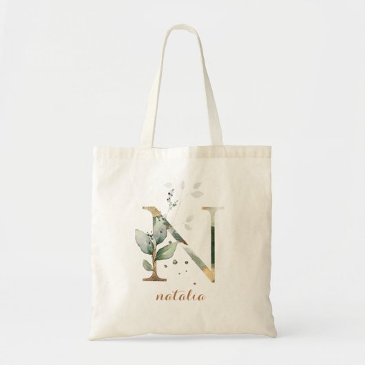Tote Bag Feuilles d'or vert feuillage Lettre personnalisée (Devant)