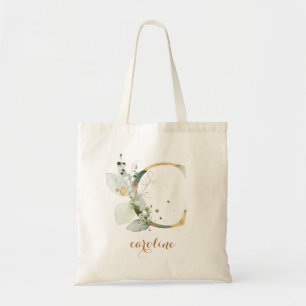 Tote Bag Feuilles d'or vert feuillage Lettre personnalisée