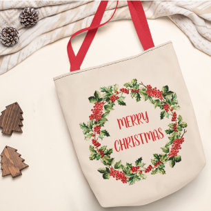 Tote Bag Feuilles et Baies de Houx de Noël Joyeux Noël