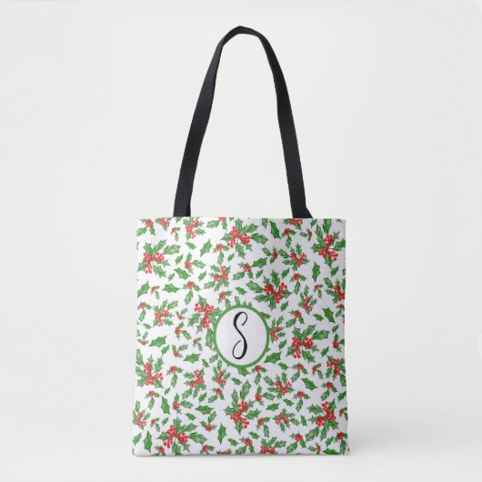 Tote Bag Feuilles et baies de Noël rouges et verts (Devant)