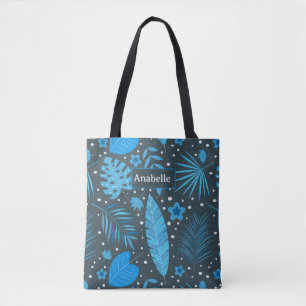 Tote Bag Feuilles et fleurs tropicales exotiques bleues per